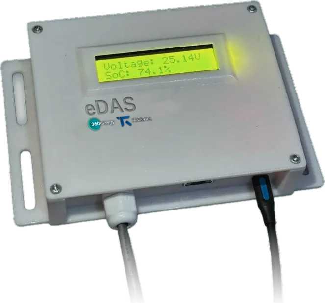 The closed eDAS device with its LCD showing voltage and battery state