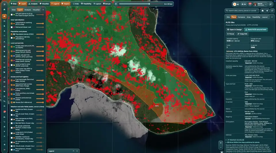eDash map with forest status, permit and settlement layers in Halmahera