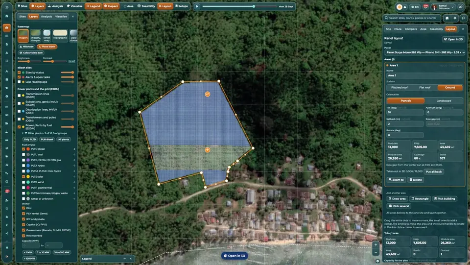 Panel layout on satellite imagery with module count and kWp